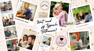 Uitnodiging met verschillende foto's en de zeven kernwaarden van onze visie