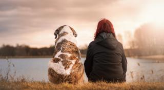 Een vrouw zit naast haar hand aan de rand van een meer