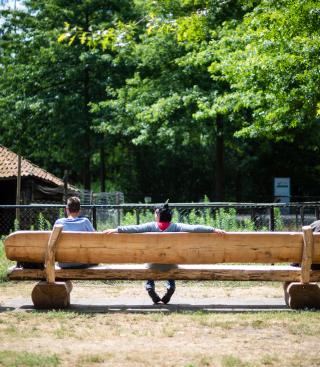 Drie mensen zitten op een bank